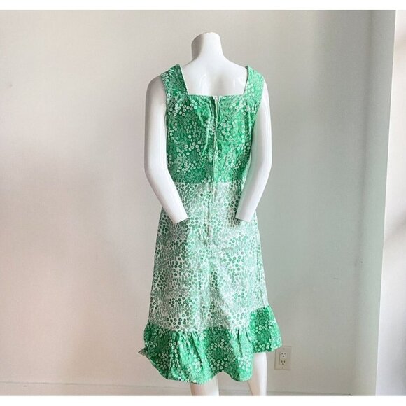 Vintage Cottage Core Micro Chintz Floral Emerald Green  Ruffle Hem Midi Dress S - Picture 6 of 8